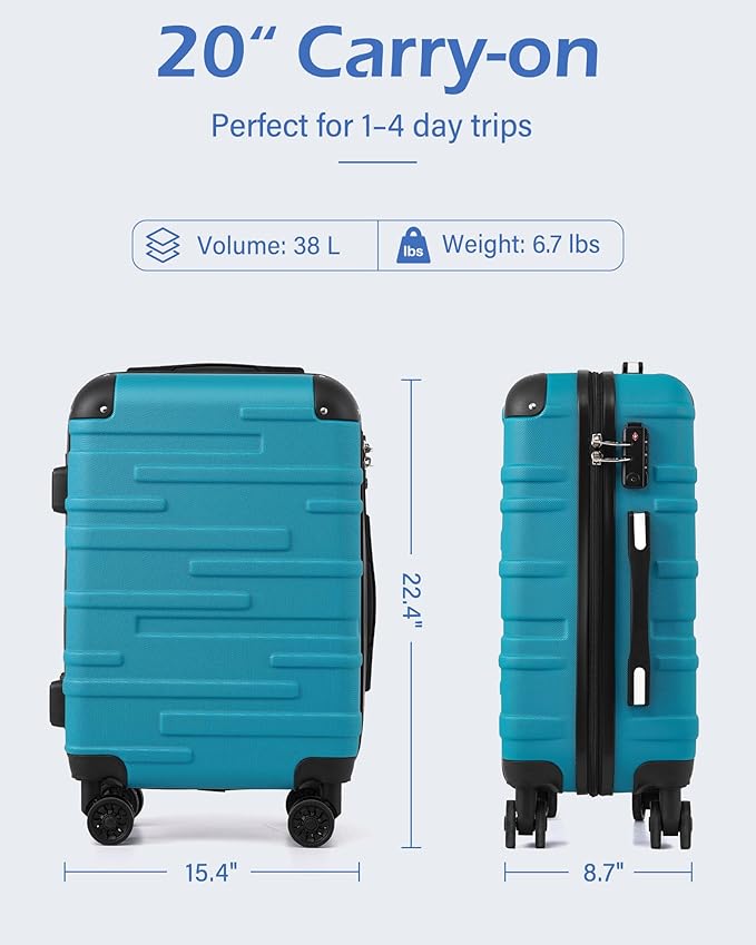 Coolife Hardside Carry-On Luggage with TSA Lock, Spinner Wheels, Telescopic Handle, Lightweight Suitcase (Blue, S(20in_carry on))