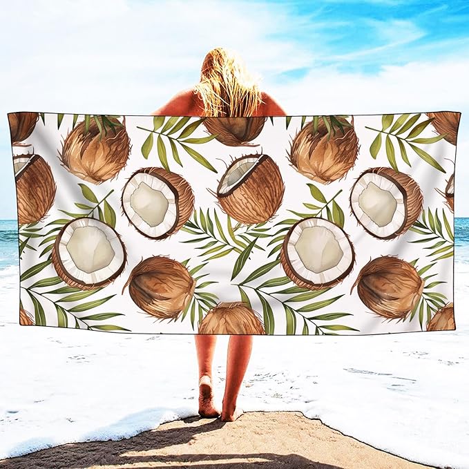 Coconuts Pattern Beach Towel Extra Large 36" x 72", Thin Lightweight Microfiber Towels with Fruit Design, Sand Free and Quick Dry, Compact Bag