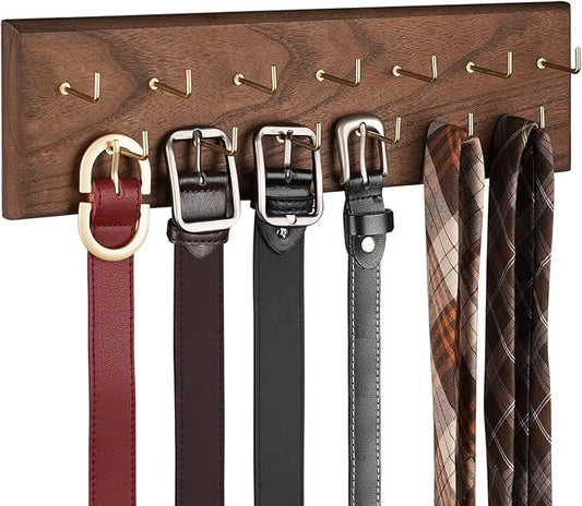 Belt Organizer - Wall Mounted Hanger for Closet, Holds Over 28 Belts - Wooden Rack with Tie and Scarf Storage (Brown)