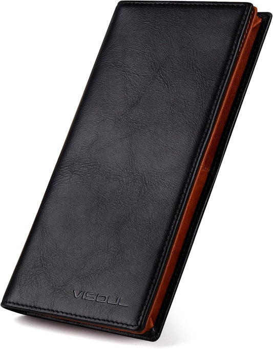 VISOUL Mens Leather Long Bi-fold Checkbook RFID Blocking Wallets, Breast Pocket Tall Billfold Secretary Wallet for Men with 12 Card Slots (Black and Orange)