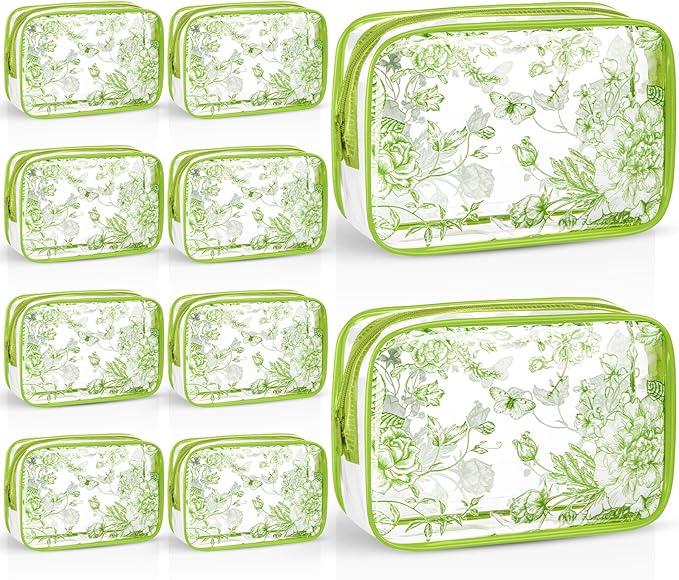 Set of 10 Clear Floral Cosmetic Bags PVC Makeup Bags Waterproof Travel Organizer Toiletry Pouches for Wedding Birthday Baby Shower Party Ideal Gift for Women Nurse Bridesmaid(Sage Green)