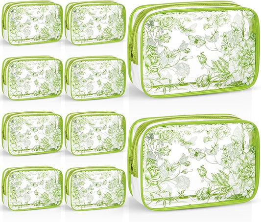 Set of 10 Clear Floral Cosmetic Bags PVC Makeup Bags Waterproof Travel Organizer Toiletry Pouches for Wedding Birthday Baby Shower Party Ideal Gift for Women Nurse Bridesmaid(Sage Green)