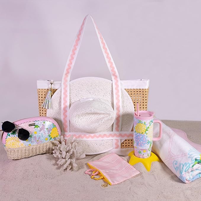 Lilly Pulitzer Large Travel Tote Bag with Hat Holder Strap, Caning Beach Bag with Tassel Keychain (Lilly Garden Home)