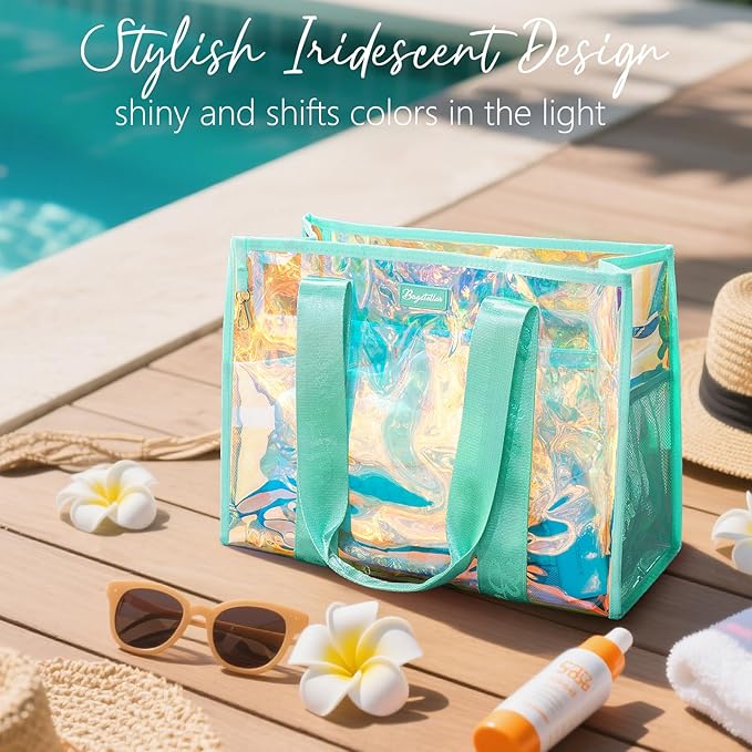 Bagstellar Iridescent Beach Tote Bags for Women, Large Zipper Beach Pool Swim Bag with Makeup Bag & Waterproof Phone Pouch | Waterproof Sandproof, Adjustable Strap, Packable, Foldable, Travel Tote Bags, Vacation Essentials, Gift for Women