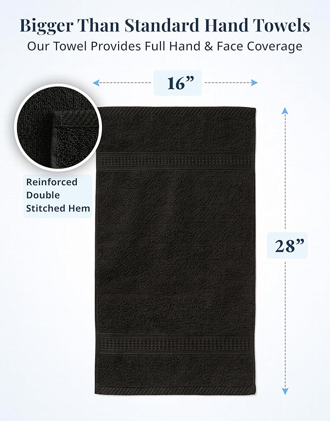 Black Hand Towels for Bathroom - 4 Pack (16"x28"), 100% Ringspun Cotton Hand & Face Towel - Soft, Prevent Fraying, Fade and Shrink Resistant - Daily Use Gym Towels for Men & Family Bathroom Hand Towel