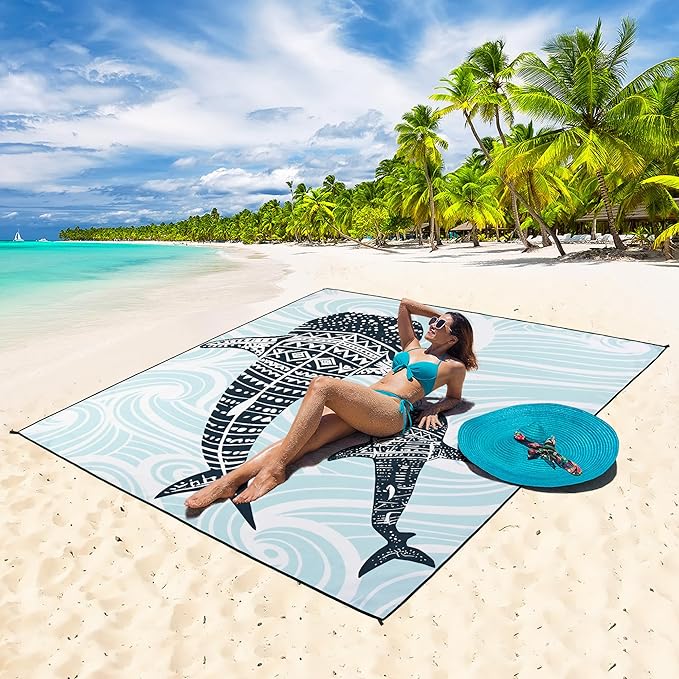 Beach Blanket Waterproof Sandproof Beach Mat 79”x 83” for 1-8 Adults Quick Drying Durable Outdoor Picnic Mat for Beach Festival Travel Camping Hiking (Whale, 79"×83"(4 Person))