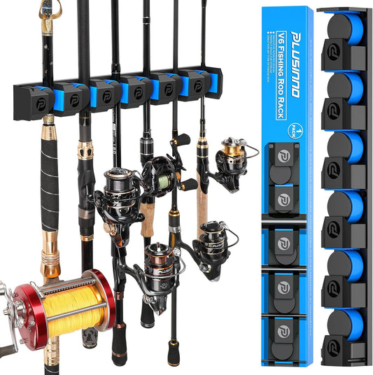 PLUSINNO Fishing Rod Holders - V6 Vertical Support for Extra Large & Heavy Fishing Rod Combos, Garage & Wall Mounted Rack Storage
