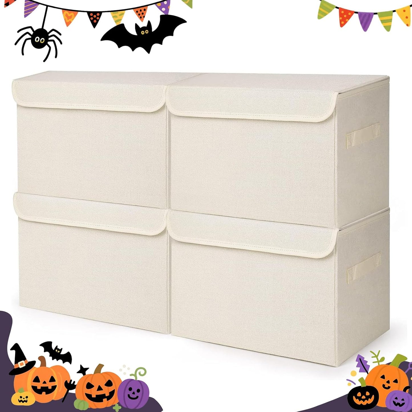 Large 22 Quart [4-Pack] Linen Fabric Foldable Storage Bin Cube Organizer Basket with Flip-Top Lid & Handles, Clothes Blanket Box for Home, Office, Closet (14.6 x 9.5 x 9.5, Beige)