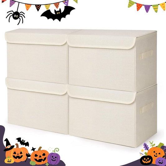 Large 22 Quart [4-Pack] Linen Fabric Foldable Storage Bin Cube Organizer Basket with Flip-Top Lid & Handles, Clothes Blanket Box for Home, Office, Closet (14.6 x 9.5 x 9.5, Beige)