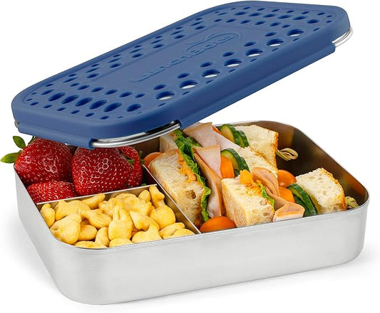 LunchBots Large Trio Stainless Steel Lunch Container -Three Section Design for Sandwich and Two Sides - Metal Bento Lunch Box - Eco-Friendly - Stainless Lid - Blue Dots