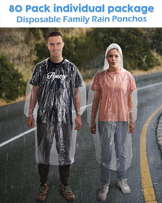 JaGely 80 Pack Disposable Adult Rain Ponchos Bulk Wedding Family Travel Theme Parks Homeless Hooded Elastic Outdoor Raincoat(Clear)