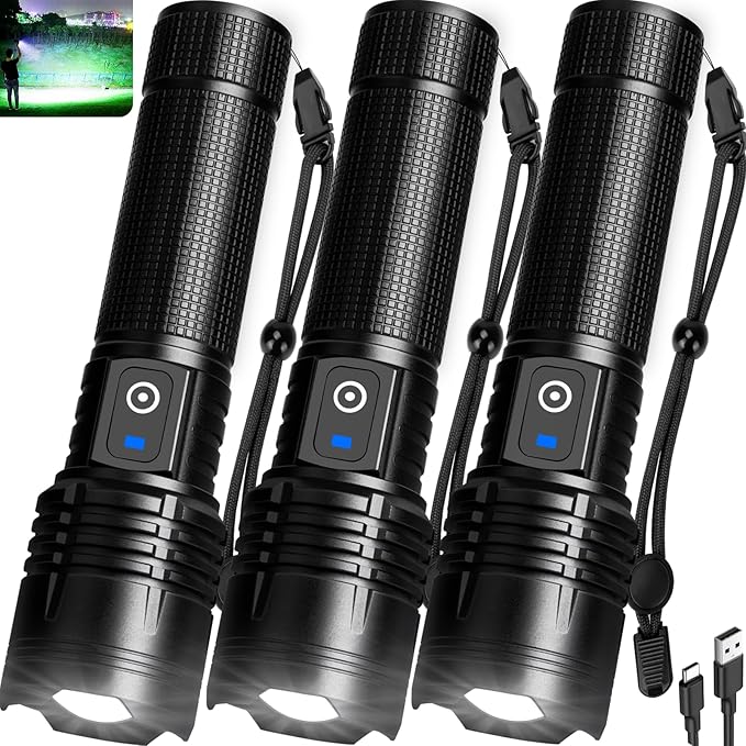 3Pack Flashlights High Lumens Rechargeable, 99000 Lumens Super Bright Led Flashlight with 5 Modes & Waterproof, Powerful Handheld Flashlights for Home Camping Emergencies
