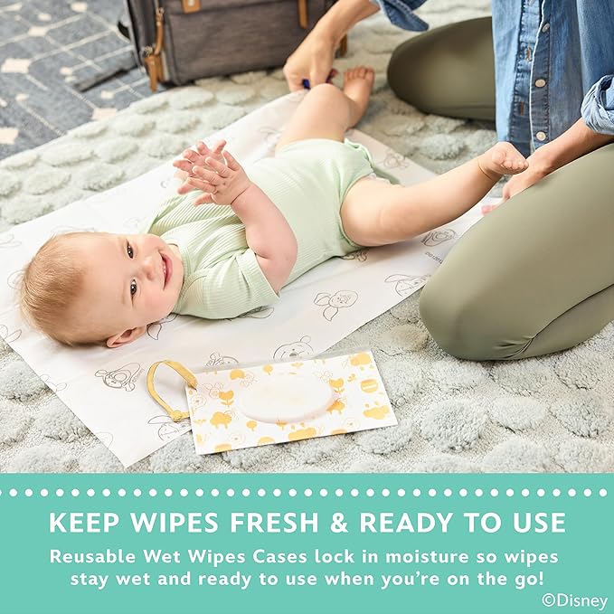 Disney Baby by J.L. Childress Reusable Wet Wipes Case Pouch - Refillable Baby Wipes Dispenser, Travel Essential for On the Go, Portable Holder with Wrist Strap - Winnie the Pooh, 2 Pack