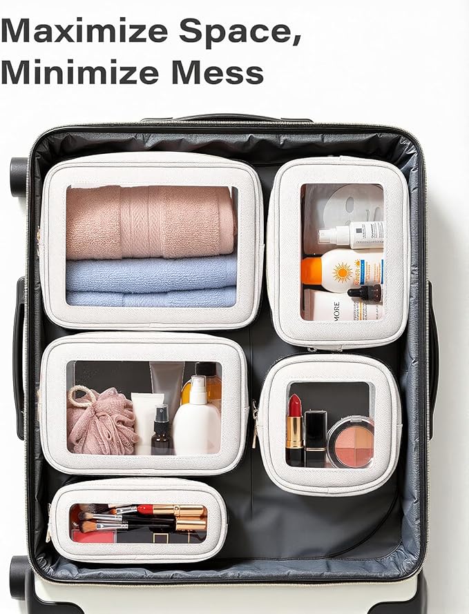 5Pcs Diaper Bag Organizer Pouch Set, Waterproof Travel Clear Makeup Bag Set for Women Small Toiletry Bag Travel Packing Organizer Bags Cosmetic Case with Zipper Compact Car Organizer Bag (White Set)