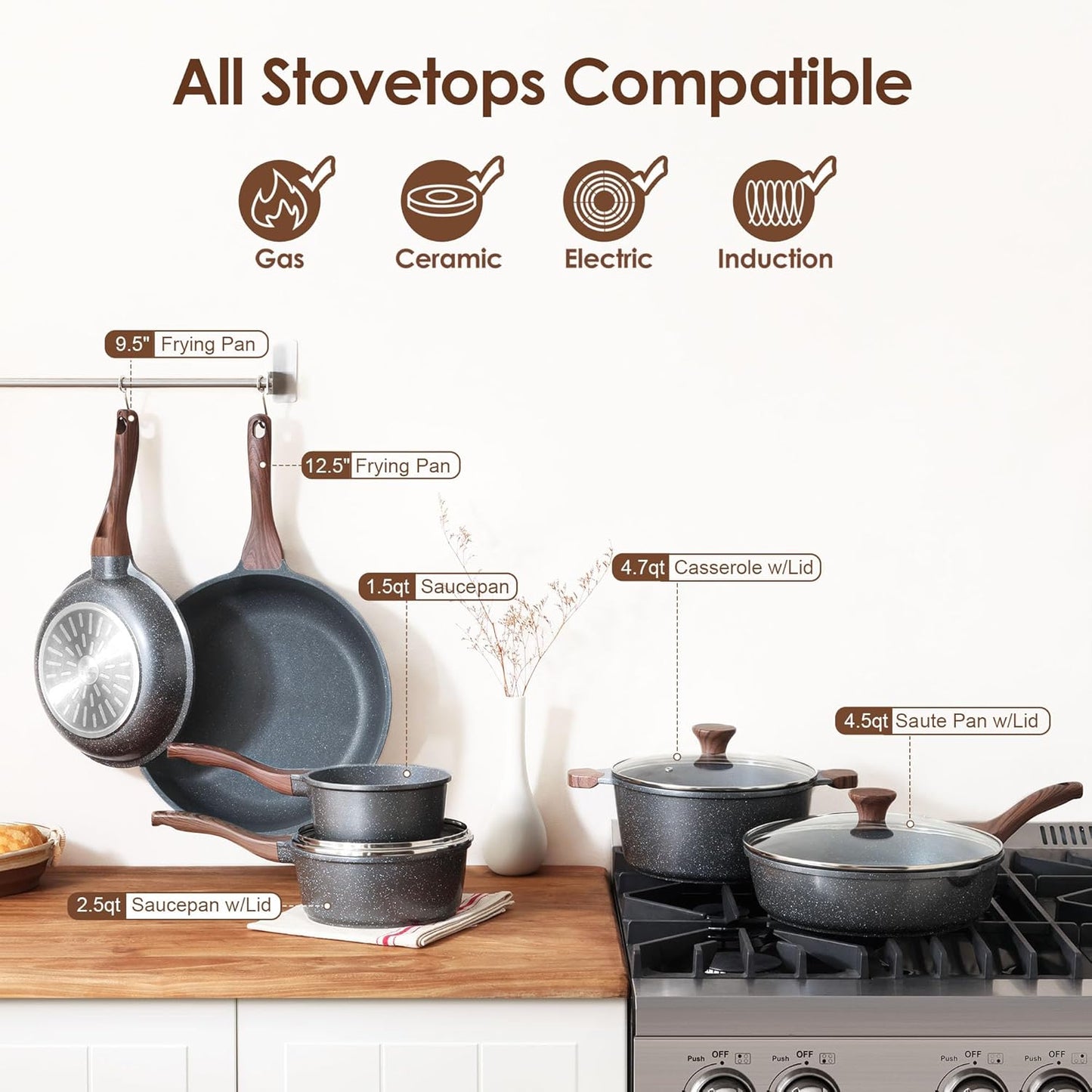 SENSARTE Nonstick Cookware Set 16-Piece, Healthy Pots and Pans Set, Non-stick Kitchen Cooking Set with Stay-Cool Handles, Silicone Utensils and Pot Protectors, PFOA Free