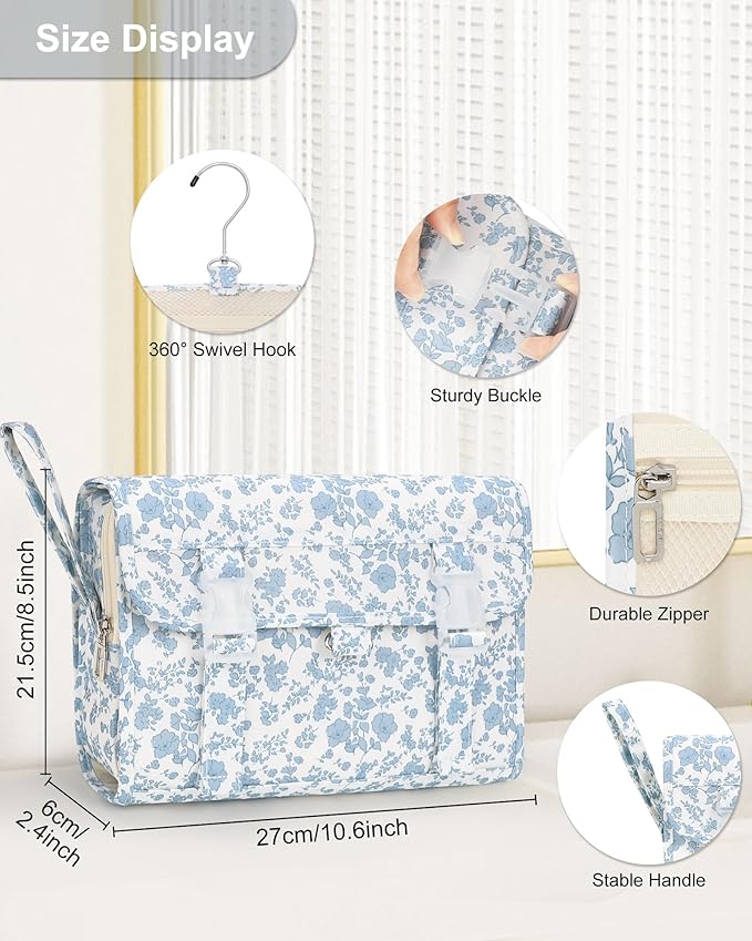 Hanging Toiletry Bag, Travel Toiletries Bag with Hanging Hook, Water Resistant Makeup Cosmetic Organizer for Full Sized Container, Shampoo, Portable Wash Bag for Travel Size Essentials - Blue Flower