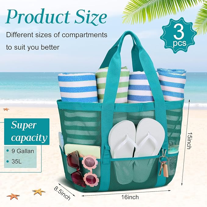 Hillban Large Beach Mesh Bags Bulk for Women Beach Tote Bag with 8 Pocket Zipper Waterproof Sandproof for Pool Cruise Ship