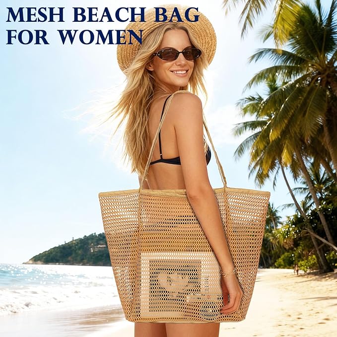 Mesh Beach Bag, Large Beach Tote with Zipper Pocket, Toys Pool Bag for Family Travel Vacation Cruise Essentials