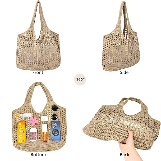 ENBEI Women Foldable Beach Tote, Washable Lightweight Beach Bag, Eco-Friendly Knit Shoulder Purse for Travel/Shopping/Gifts