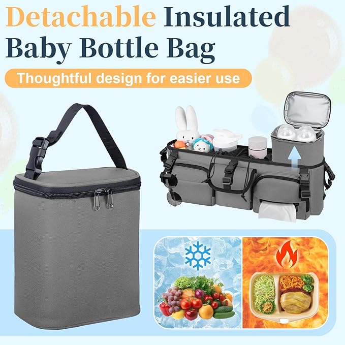Double Stroller Organizer Compatible with Bob Duallie and Baby Jogger City Mini GT2, Double Baby Stroller Accessories with Cooler Bag, Parent Console Double Jogging Stroller Caddy, Grey