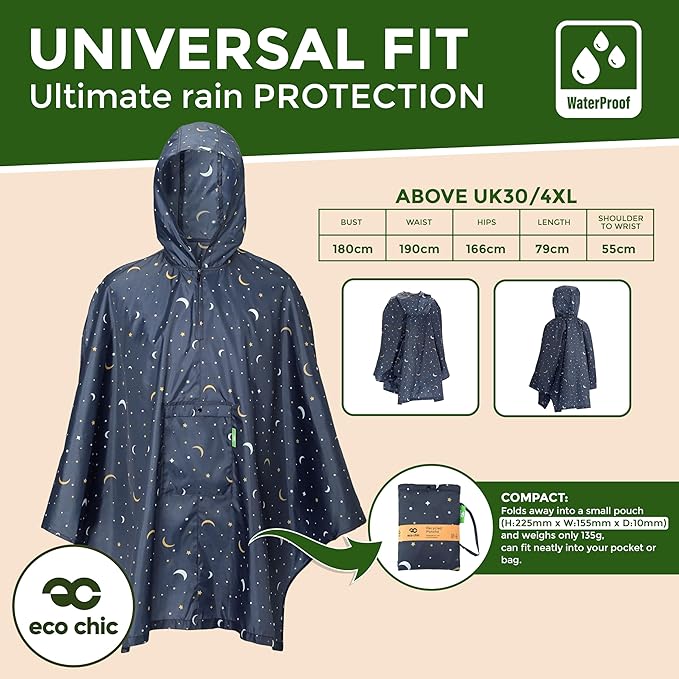 ECO CHIC Waterproof Hooded Rain Ponchos for Adults, Foldable Adult Poncho with Pocket, Lightweight Reusable Raincoat