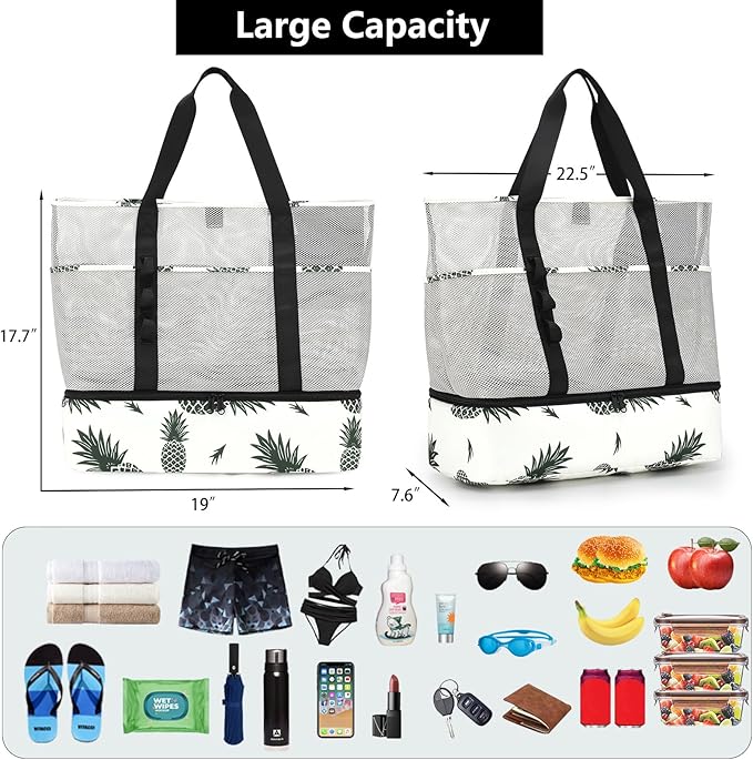 Beach Bag with Cooler,Mesh Beach Bags for Women Sandproof for Pool and Swimming Travel Daily with Durable 8 Pocket