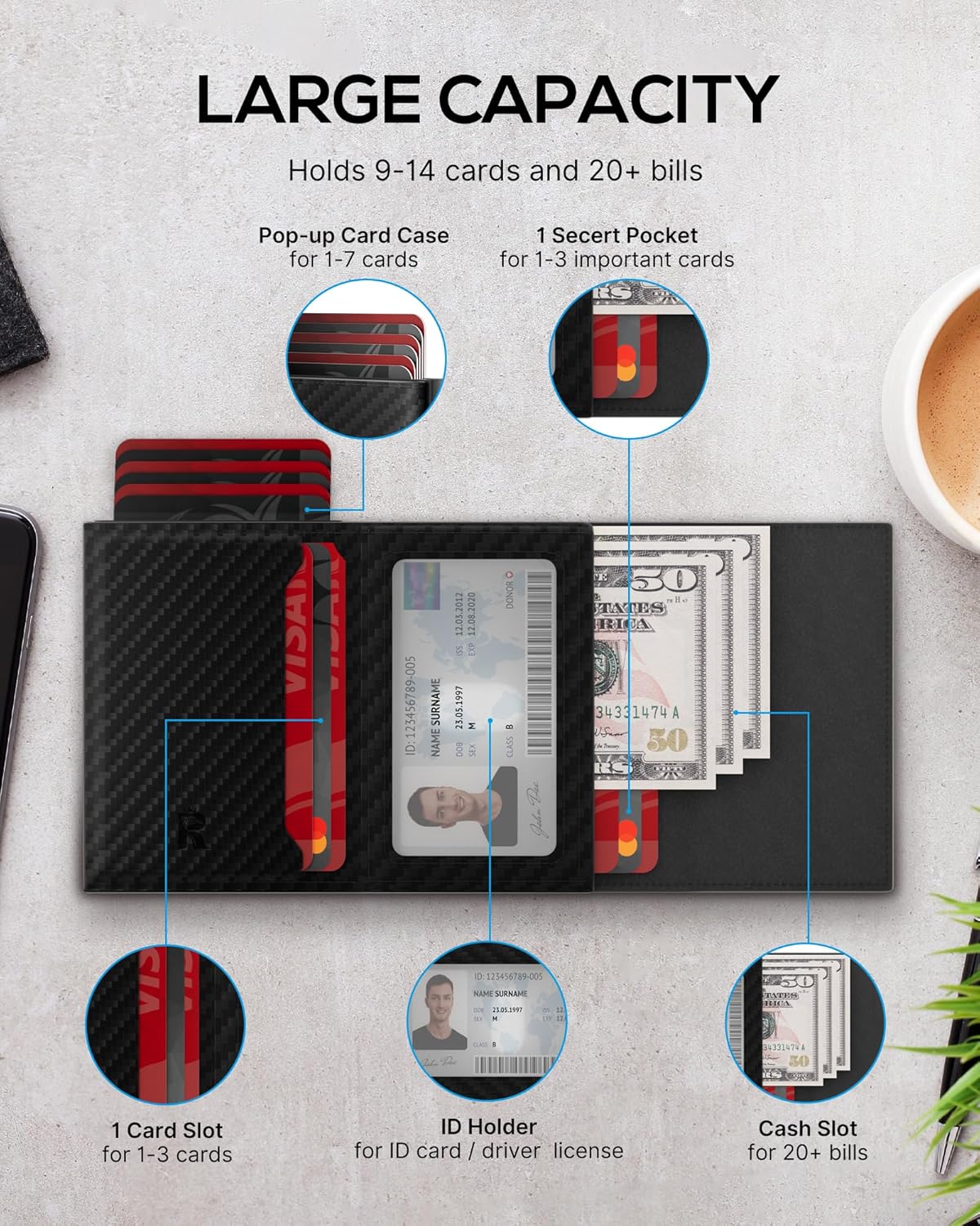 Mens Wallet Card Holder for AirTag: Smart Wallet Compatible with Apple Air Tag, Pop Up Card Case, Top Grain Leather, RFID Blocking, Slim, Minimalist, 9-14 Card Capacity | ID Window | Cash Slot