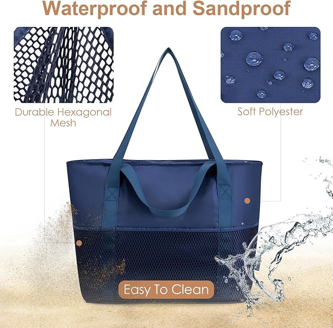 KABAQOO Large Beach Bag Waterproof Sandproof Tote Bag for Women with Zipper & Mesh Pockets for Pool Swim Travel Everyday