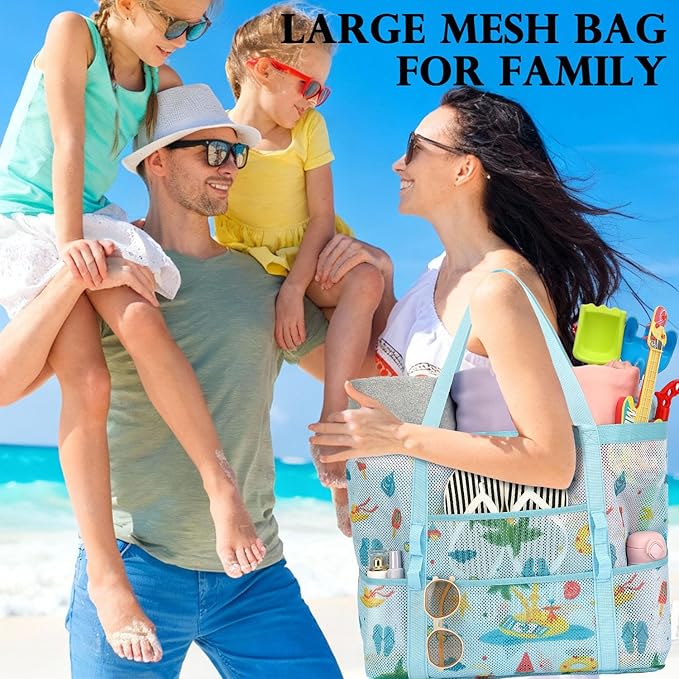 Mesh Beach Bag, Large Beach Tote with Zipper Pocket, Toys Pool Bag for Family Travel Vacation Cruise Essentials