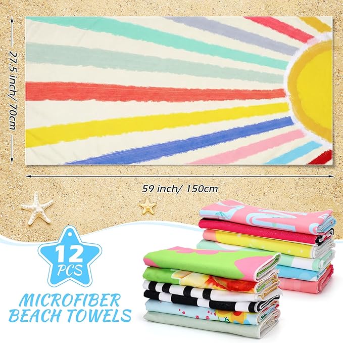 Newwiee 12 Pieces Microfiber Beach Towel Set Quick Dry 59 x 27.5 Inch Lightweight Bulk Colorful Soft Absorbent Pool Towel for Adults Travel Beach Swimming Supplies(Blue Unicorn)
