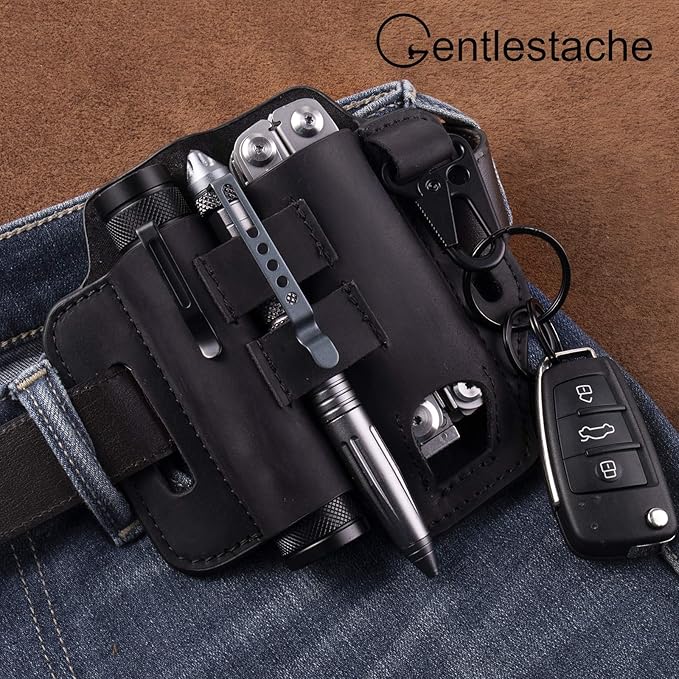 Gentlestache Multitool Belt Sheath, EDC Leather Belt Organizer, Belt Holder with Multitool Pouch, Flashlight Holder, Pen Holder and Keychain Clip, Practical EDC Belt Pouch for Men