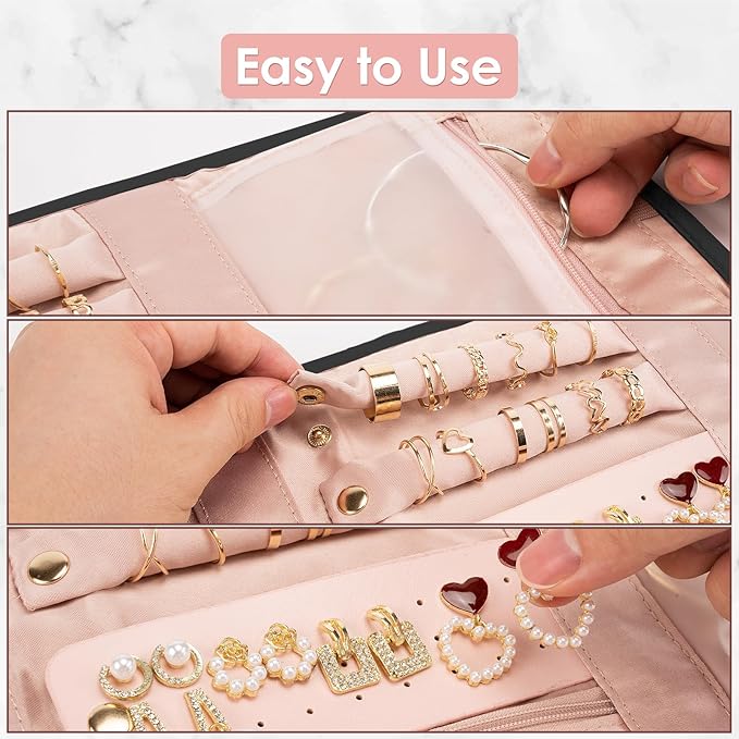 Travel Jewelry Roll Organizer Bag Foldable and Anti-Tangle Jewelry Holder Storage for Rings, Necklaces, Bracelets, Earrings and Accessories, Medium Black