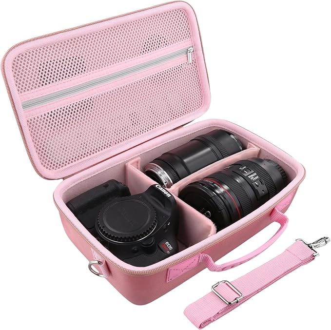 Camera Case Compatible with Canon EOS Rebel T7 / T100 / R50 / R100 / R5 / R6 Mark II / 90D DSLR Camera with 18-55mm Lens,Sony,Nikon DSLR Camera Protective Case with Shoulder Strap (Pink Case)
