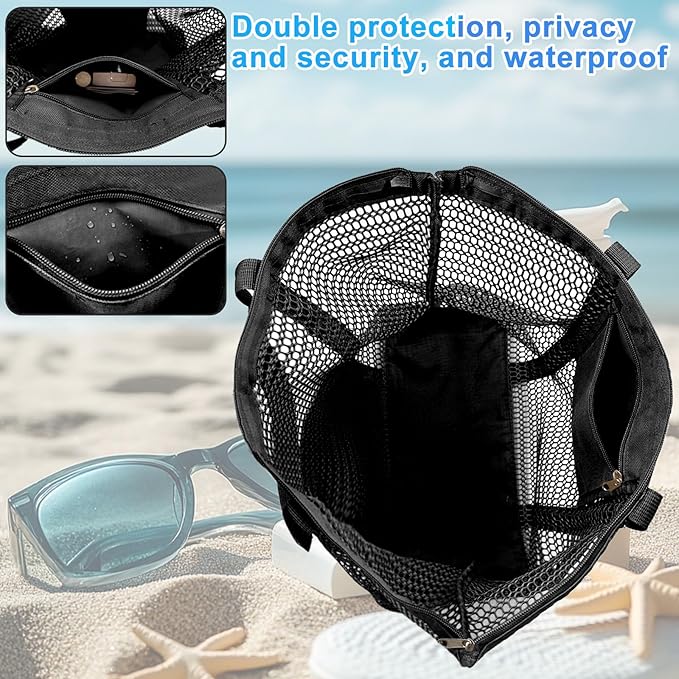 Mesh Beach Bags for Women with Zipper Foldable Hobo Tote Bag Vacation Shoulder Bags for Swimming Pools
