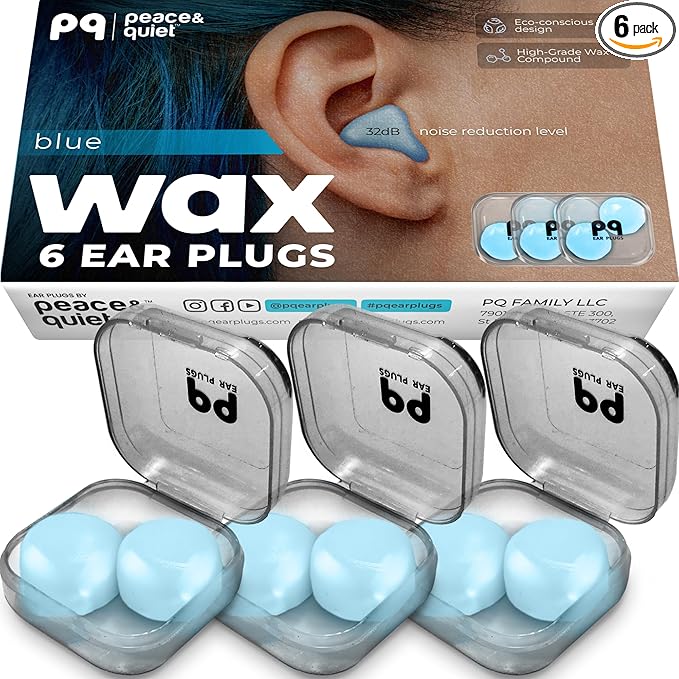 Peace&Quiet PQ Wax Ear Plugs for Sleep - 6 Silicone Wax Earplugs for Sleeping and Swimming - Gel Ear Plugs Noise Cancelling, Protect Ears While Sleeping with Sound Blocking 32 Db (6-Pillows), Blue