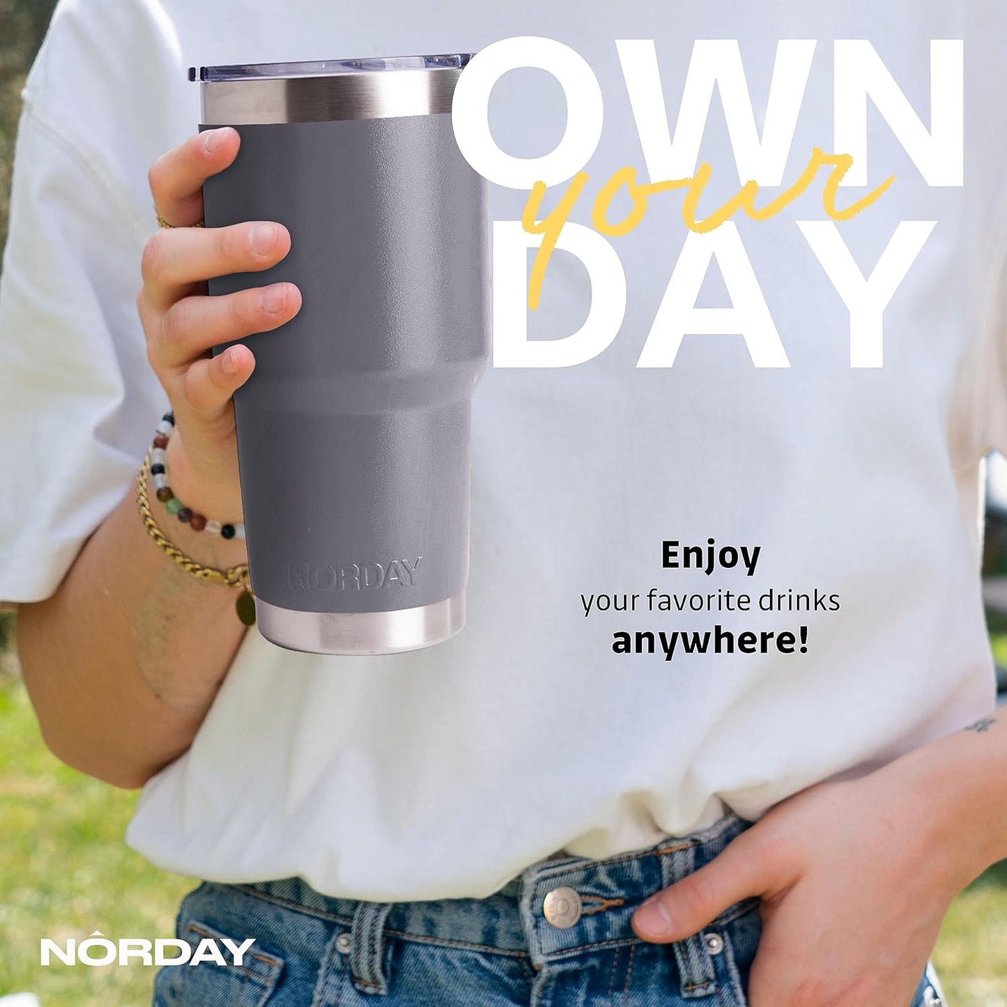NORDAY | Tumbler with Lid - 30oz - Grey Insulated Tumbler - Stainless Steel Tumblers - Double Wall Vacuum Insulated Travel Coffee Mug for Car Cup Holder - Keeps Temperature for 24hr - Anti Spill Lid