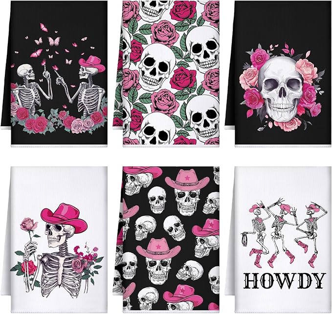 Bencailor 6 Pcs Valentines Day Skull Kitchen Towels Gothic Valentines Dish Hand Towels Skeleton Pink Red Rose Tea Washcloth for Lover Gifts Bathroom Kitchen Decor 24 x 16 inch