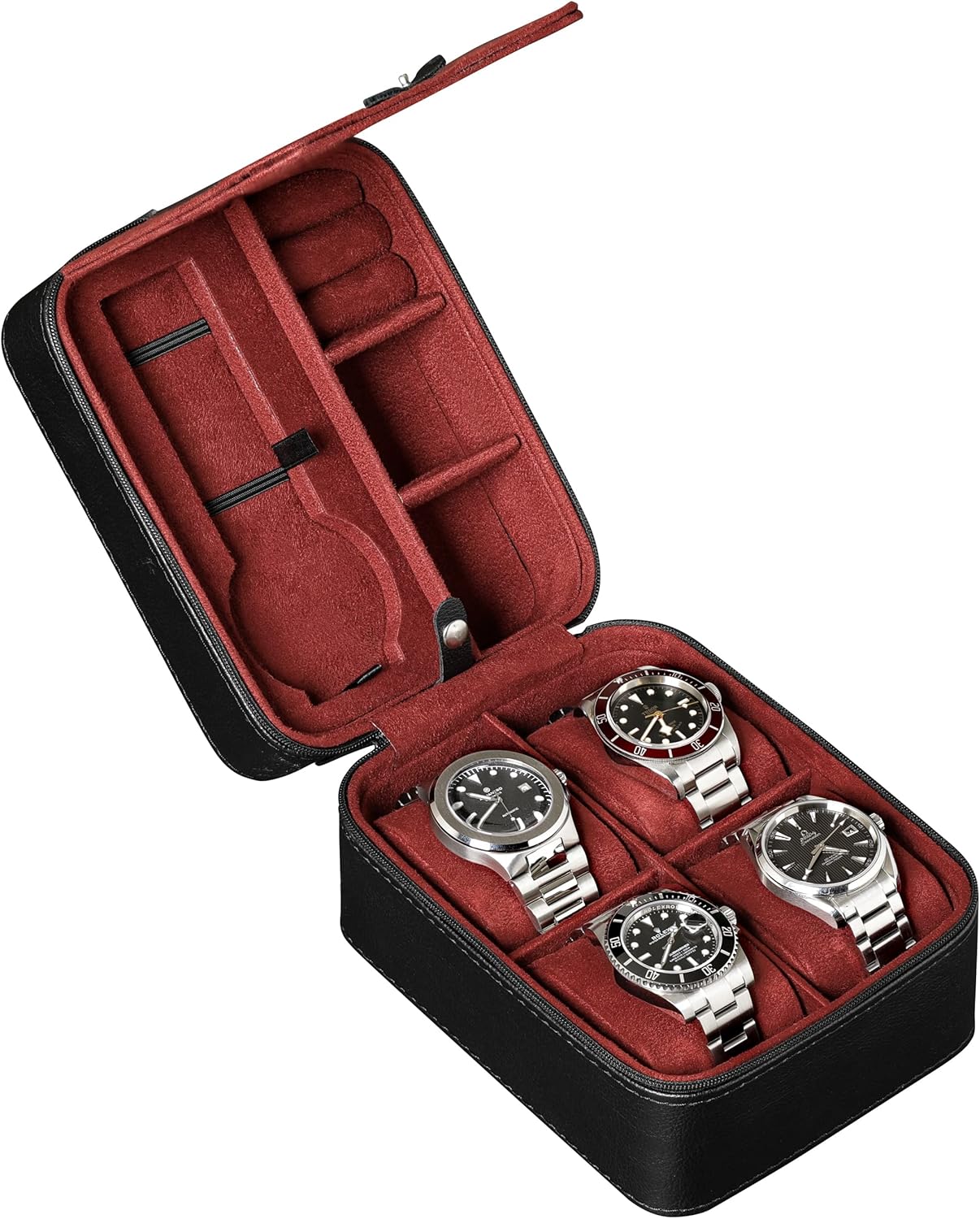 ROTHWELL 5 Watch Travel Case Storage Organizer for 5 Watches | Tough Portable Protection w/Zipper Fits All Wristwatches & Smart Watches Up to 50mm (Black/Red)