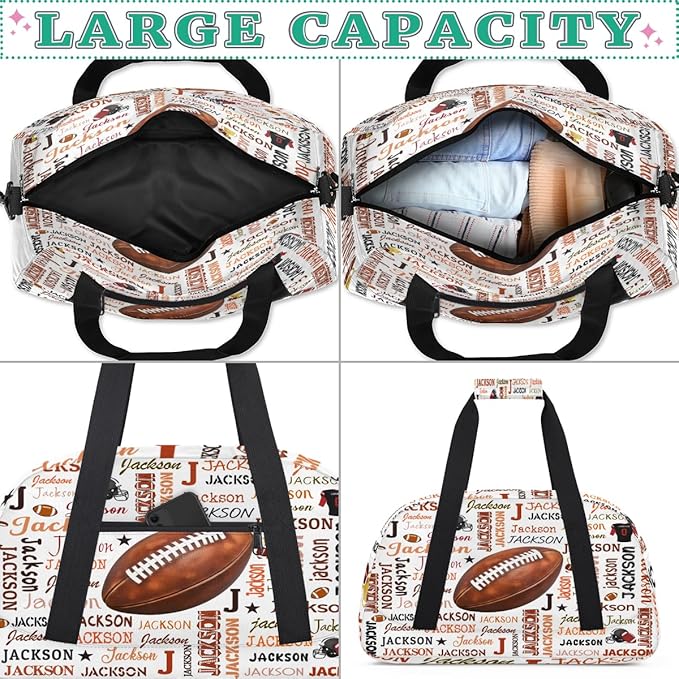 Custom Name Football Duffel Bag for Boys, Personalized Sports Gym Bag Overnight Travel Weekender Bag Lightweight Carry On Sleepovers Bag for School Practice Gymnastics Soccer Football