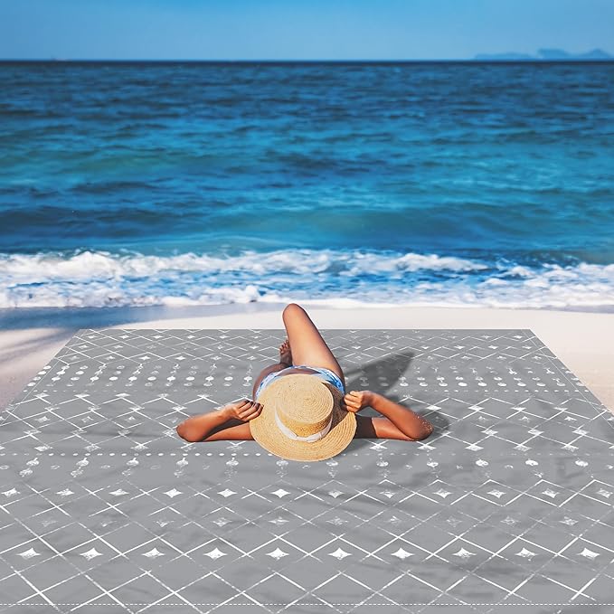 BEW 78''×86'' Large Beach Blanket for 4 Adults, Outdoor Beach Mat Sand Proof Waterproof with 4 Stakes & 4 Corner Pockets, Polyester Lightweight Comapct Grey Picnic Blanket for Travel, Camping, Hiking