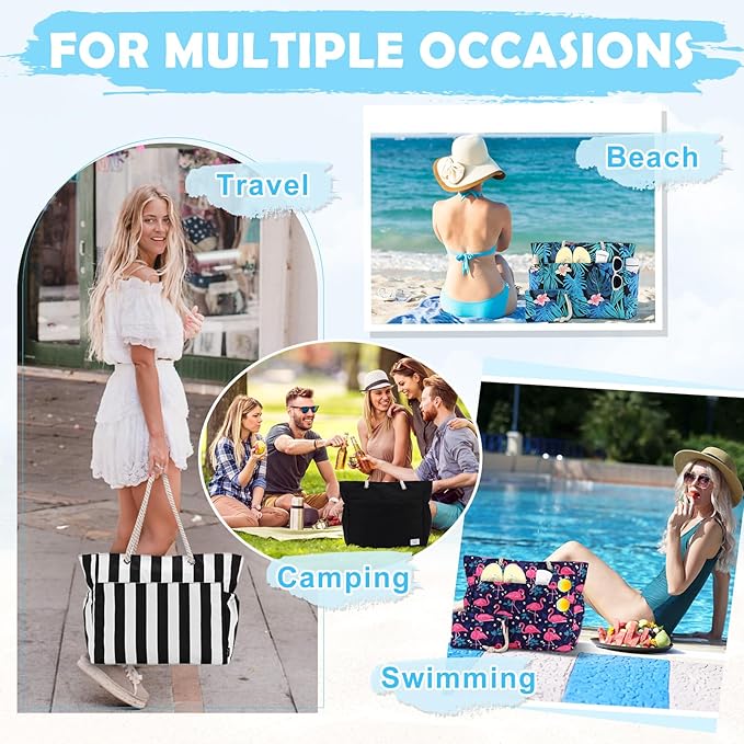 Kasqo Beach Bags for Women, Large Waterproof Beach Bag Tote Zipper Swim Pool Bag with Small Pouch for Grocery Travel Vacation
