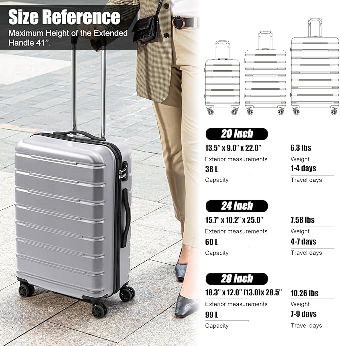 Coolife Luggage Suitcase Carry-on Spinner TSA Lock USB Port Expandable (only 28’’) Lightweight Hardside Luggage (Silver, S(20in_carry on))