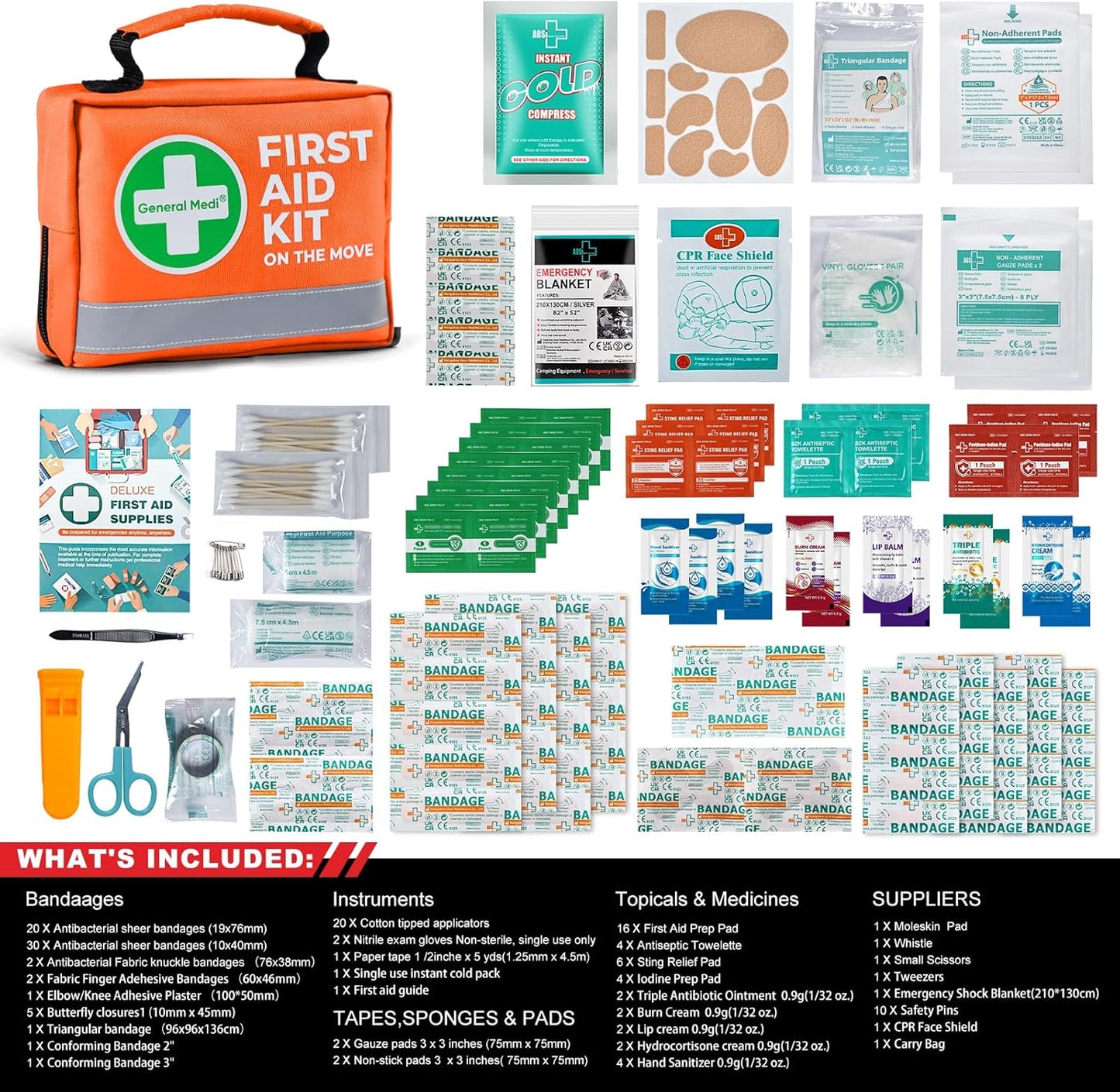 General Medi First Aid Kit - 150 Pieces Small Compact First Aid Kit Bag - Includes Instant Cold Pack, Emergency Blanket for Travel, Home, Office, Vehicle, Camping（Orange）