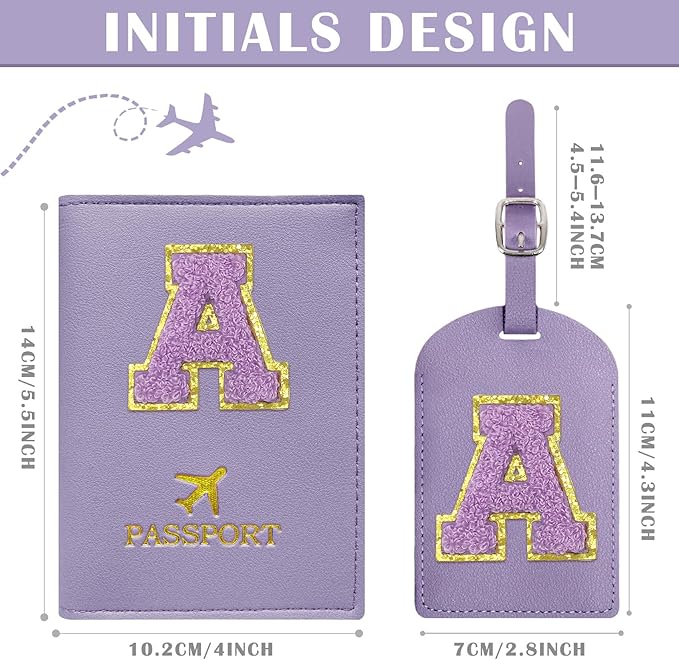 COSHAYSOO Initial Passport Cover Luggage Tag Set Letter Passport Holder Airplane Cruise Travel Essentials Vacation Traveling Accessories Personalized Gifts for Women Teen College Girls Purple A