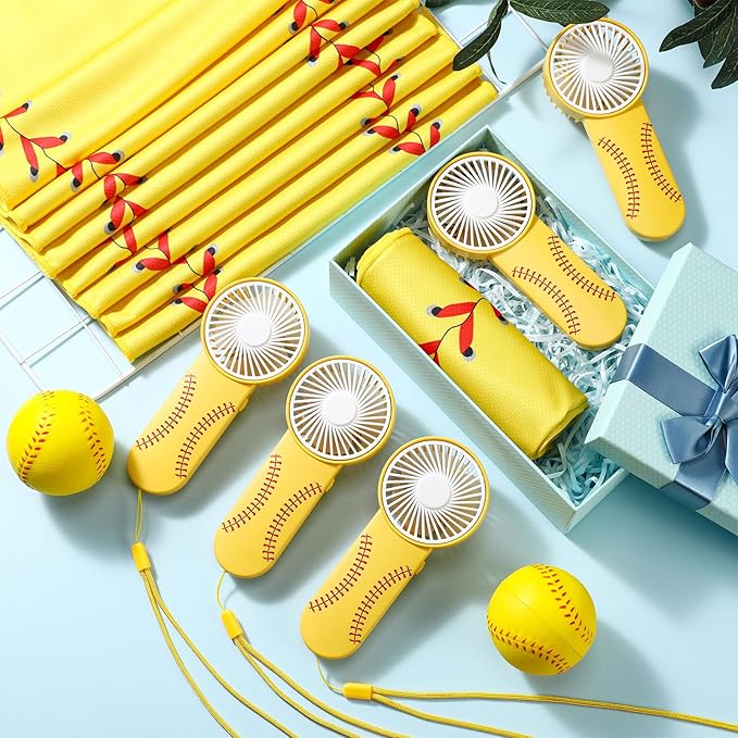 24 Pcs Sport Gifts, Includes 12 Pcs Cooling Towels 40"x12" Workout Towels, 12 Portable Fan Mini Handheld Fan for Team Gift Sport Party Favors, Battery Not Include(Yellow,Softball)