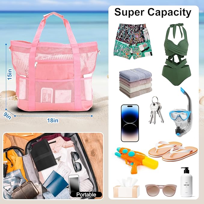 Mesh Beach Bags for Women - Family Beach Tote Bag for Toys, Towels, Travel Vacation Cruise Essentials