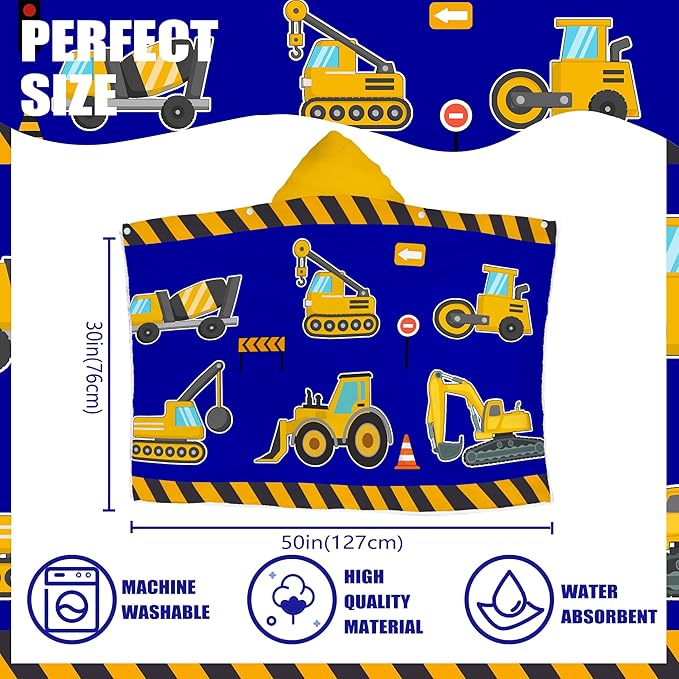 Excavator Hooded Beach Towel for Boys, Soft & Absorbent Truck Excavator Poncho Towel, 30”x50” Construction Truck Bathrobe for Kids Cool Cartoon, Quick Dry Swim, Pool, and Bath Time