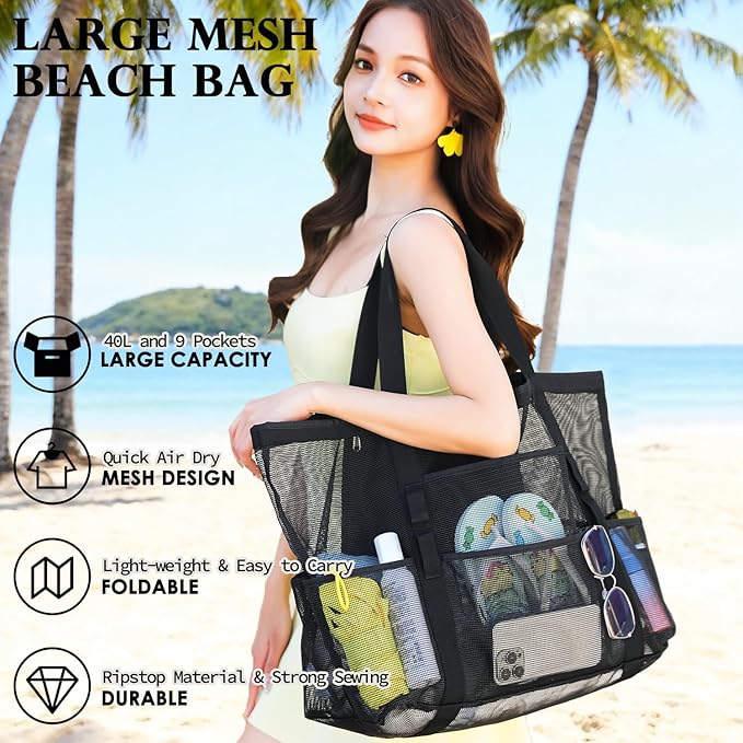 Mesh Beach Bag, Large Beach Tote with Zipper Pocket, Toys Pool Bag for Family Travel Vacation Cruise Essentials