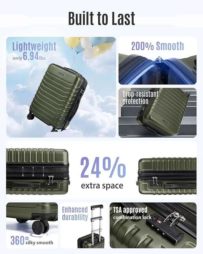 LIGHT FLIGHT Expandable Carry On Luggage 22x14x9 Airline Approved with Double Spinner Wheels, 20 Inch Lightweight Hard Shell Rolling Suitcases with TSA Lock, Olive