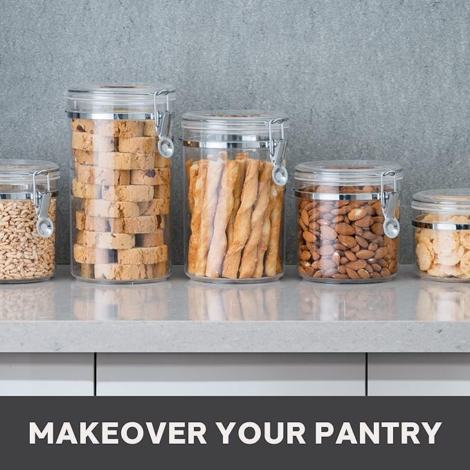 Oggi 4pc Clear Canister Set with Clamp Lids Airtight Containers in Sizes Ideal for Kitchen & Pantry Storage of Bulk, Dry Foods Including Flour, Sugar, Coffee, Rice, Tea, Spices & Herbs
